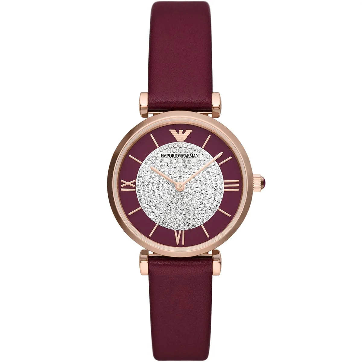 Front view of Emporio Armani Gianni T Bar with crystal dial and Roman numeral markers