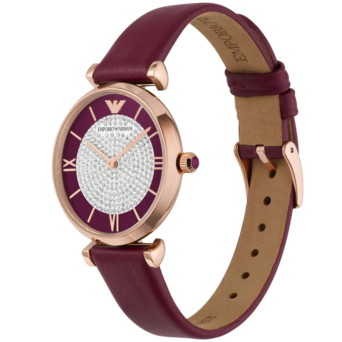 Emporio Armani Gianni T Bar watch on wrist showing purple leather strap and rose gold case