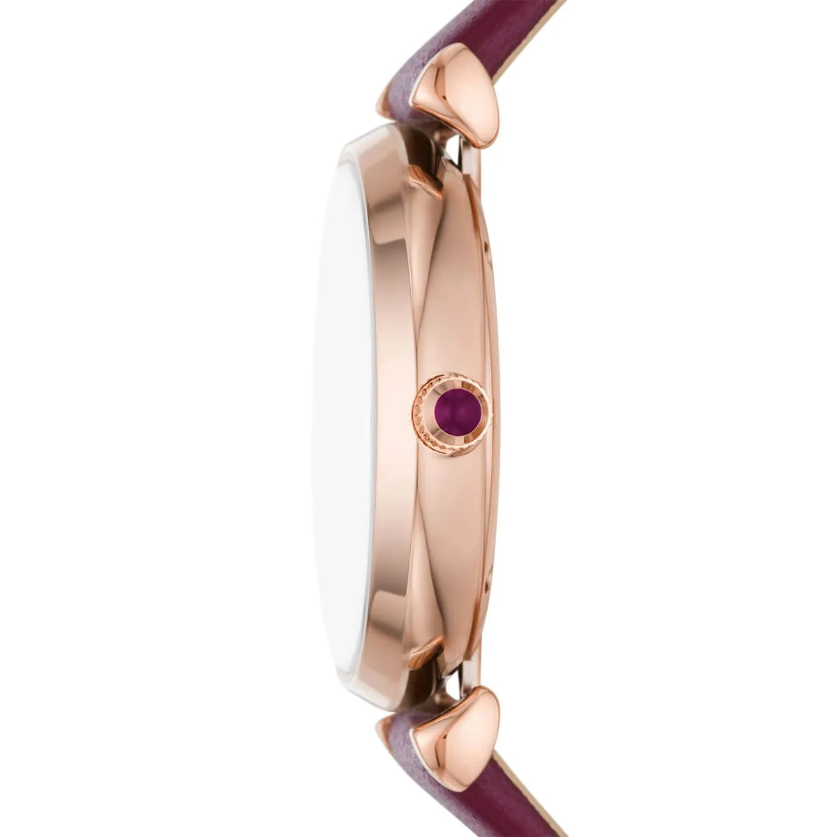 Side profile of Emporio Armani Gianni T Bar watch with rose gold case and purple strap