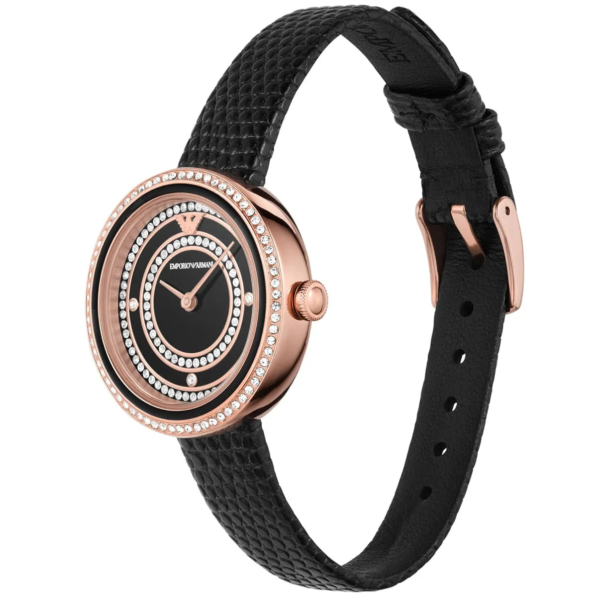 Angled view of Emporio Armani Rosa watch on black leather strap