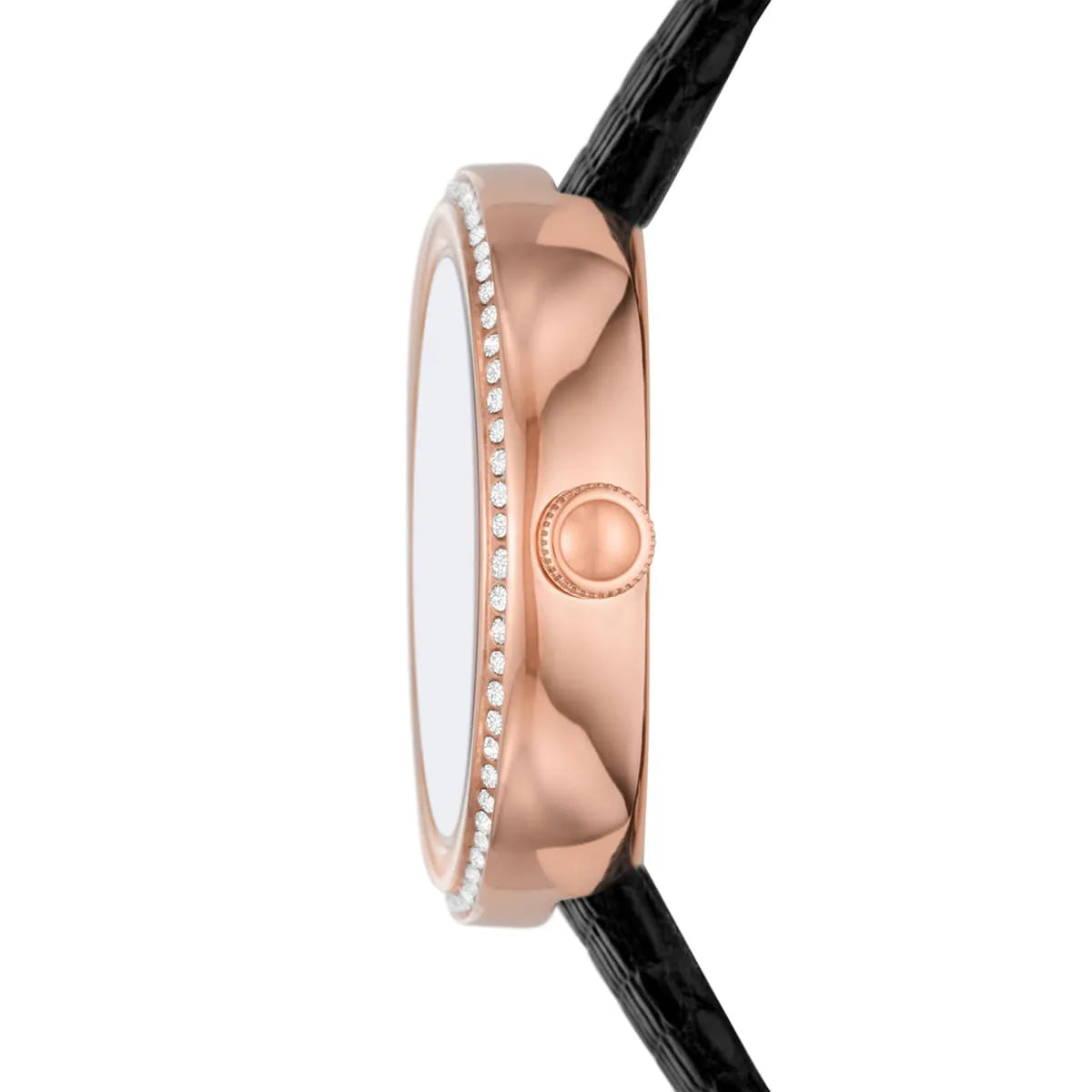 Emporio Armani Rosa watch side view showing rose gold case thickness