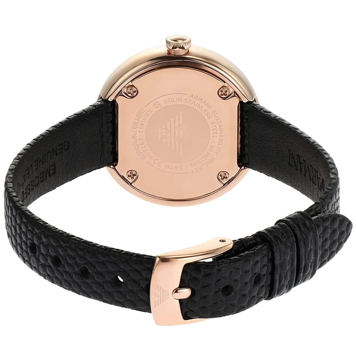 Caseback of Emporio Armani AR11493 Rosa with engraved logo and text