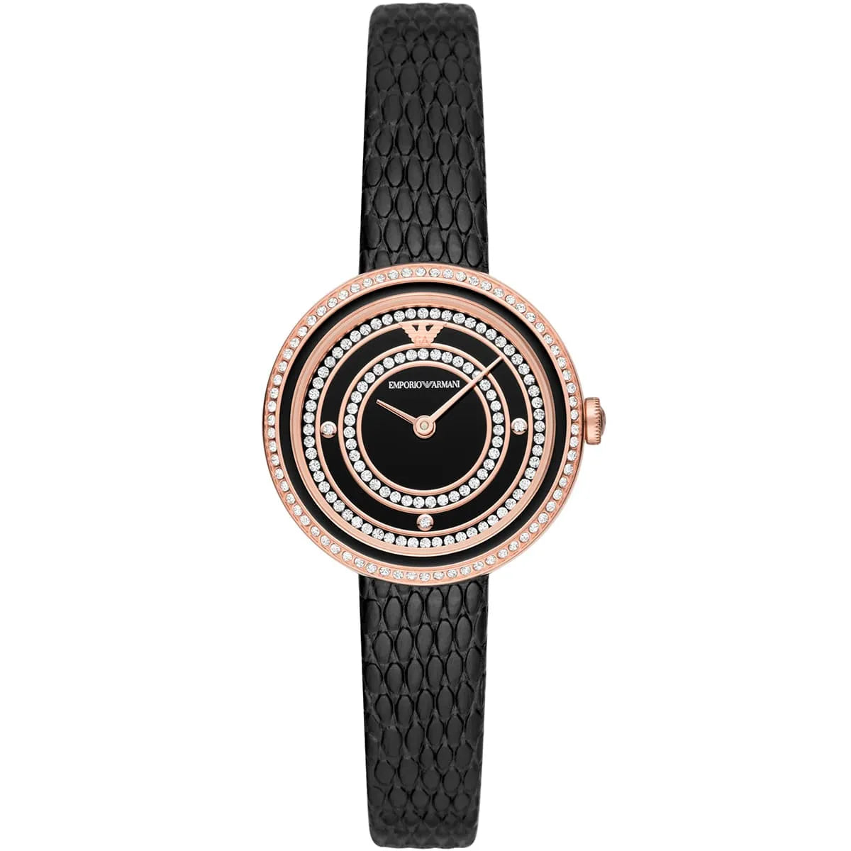 Front view of Emporio Armani AR11493 Rosa with black dial and crystal bezel