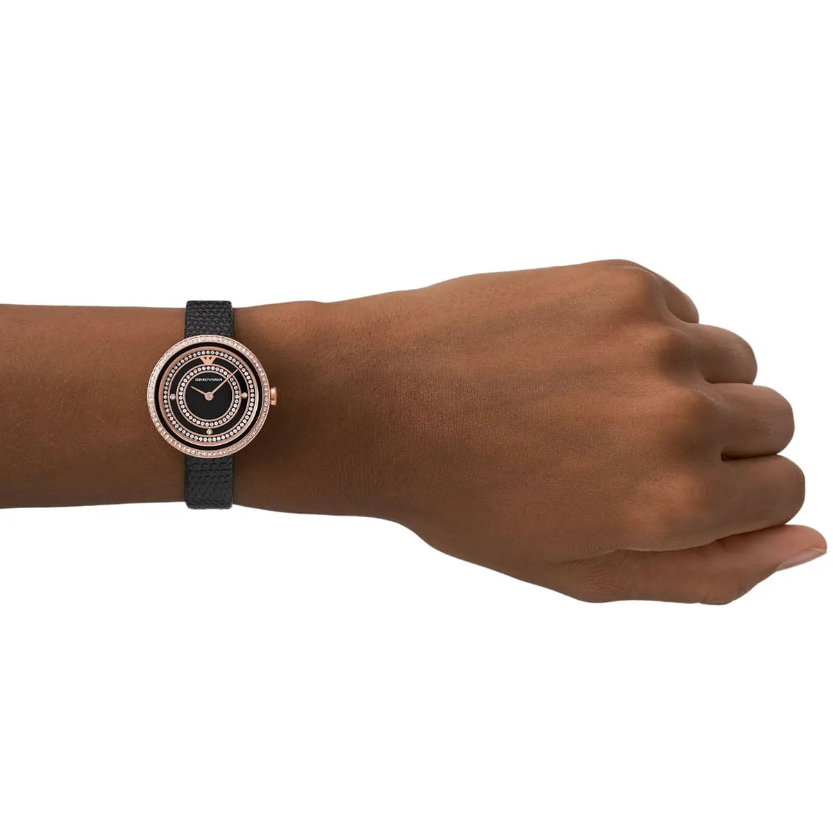 Emporio Armani Rosa watch worn on wrist with black leather strap