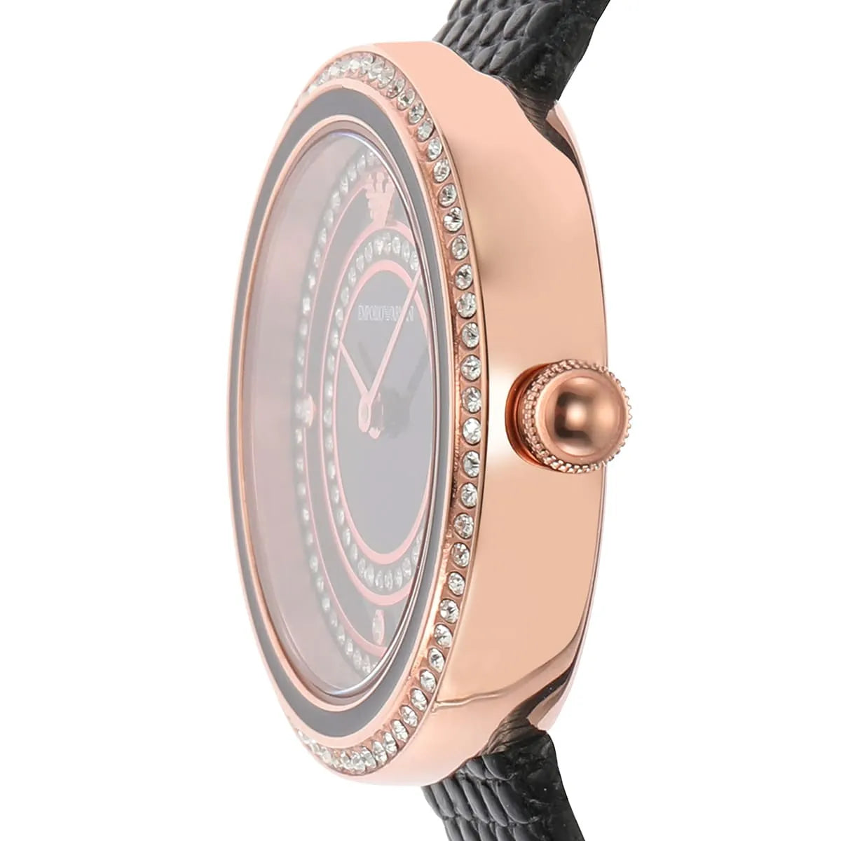 Side profile detail of Emporio Armani Rosa with crystal-set case and crown