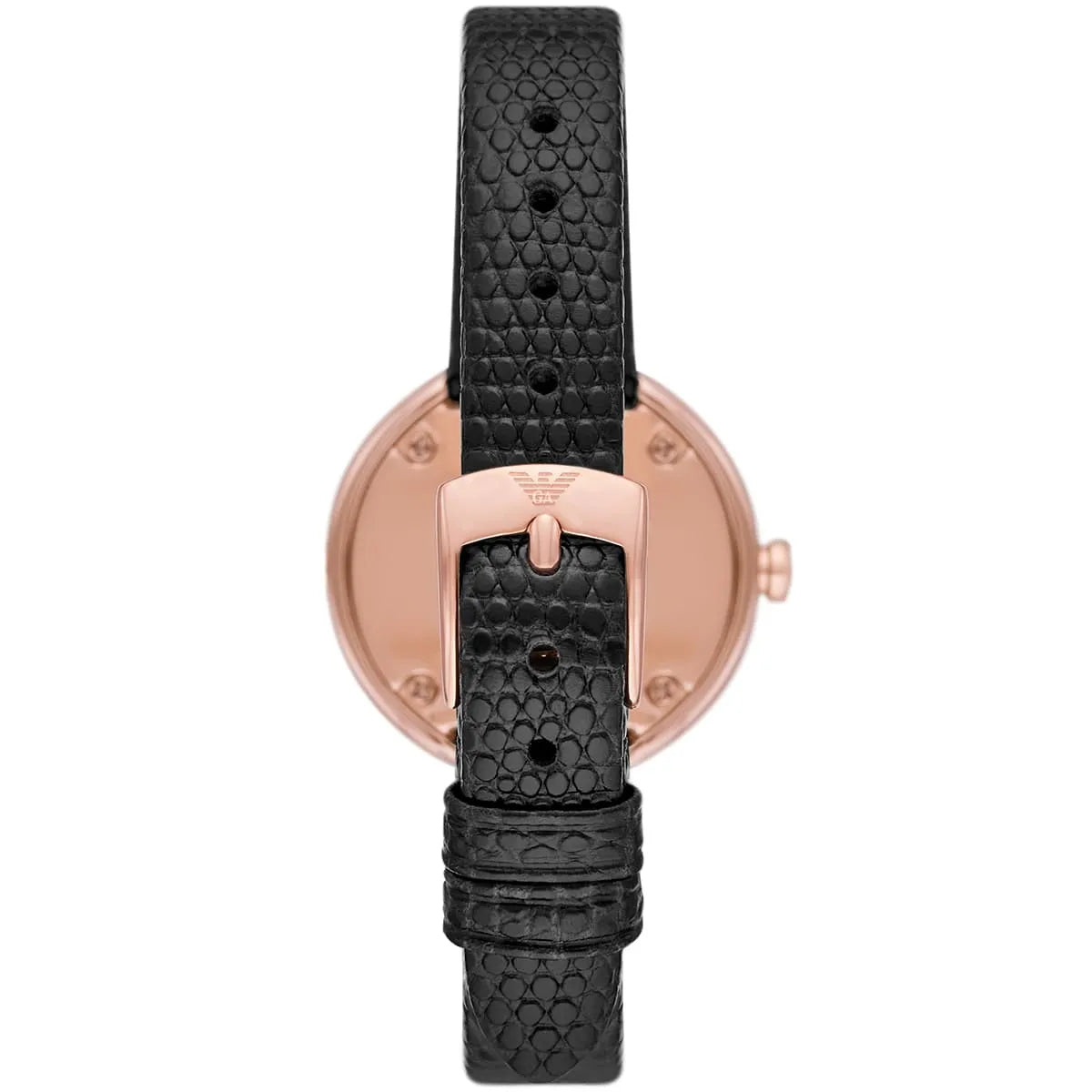 Side view of Emporio Armani Rosa watch showing rose gold case profile