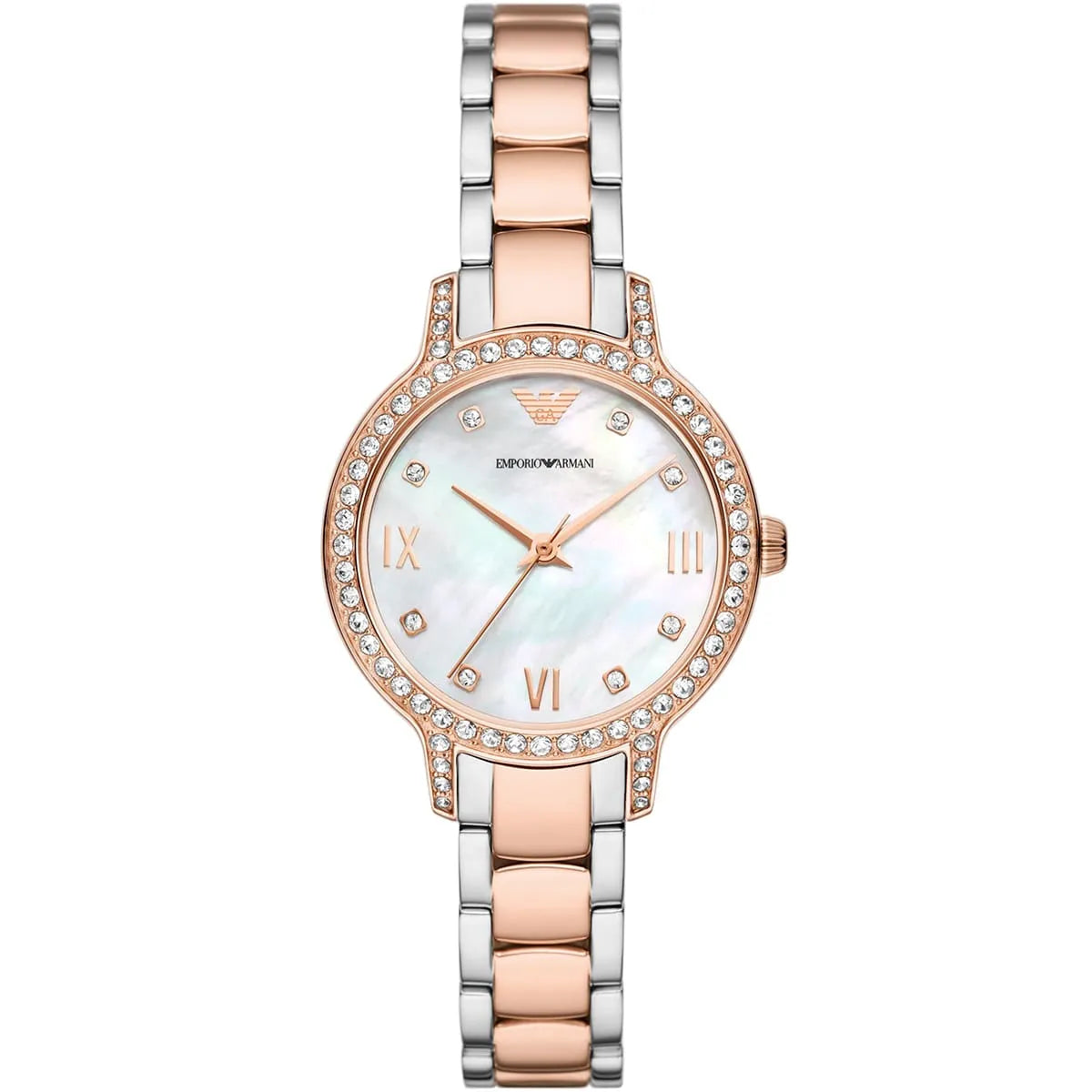 Emporio Armani Cleo women's watch with white mother-of-pearl dial and crystal-set bezel