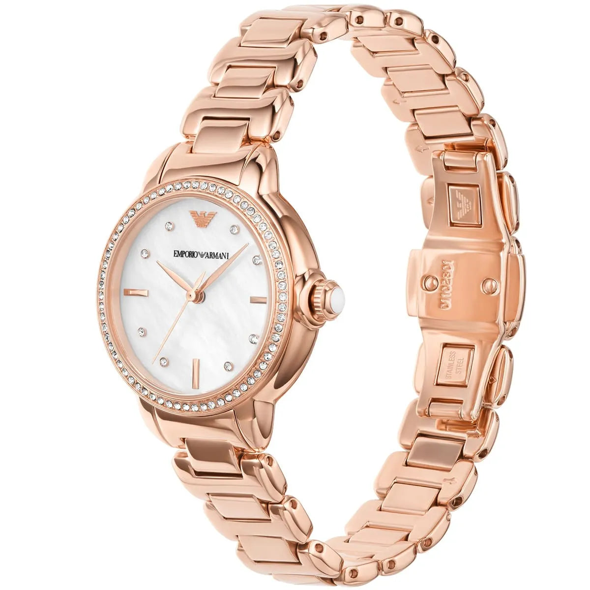 Emporio Armani Mia watch displayed at angle showing crystal-set bezel and rose-gold metal bracelet