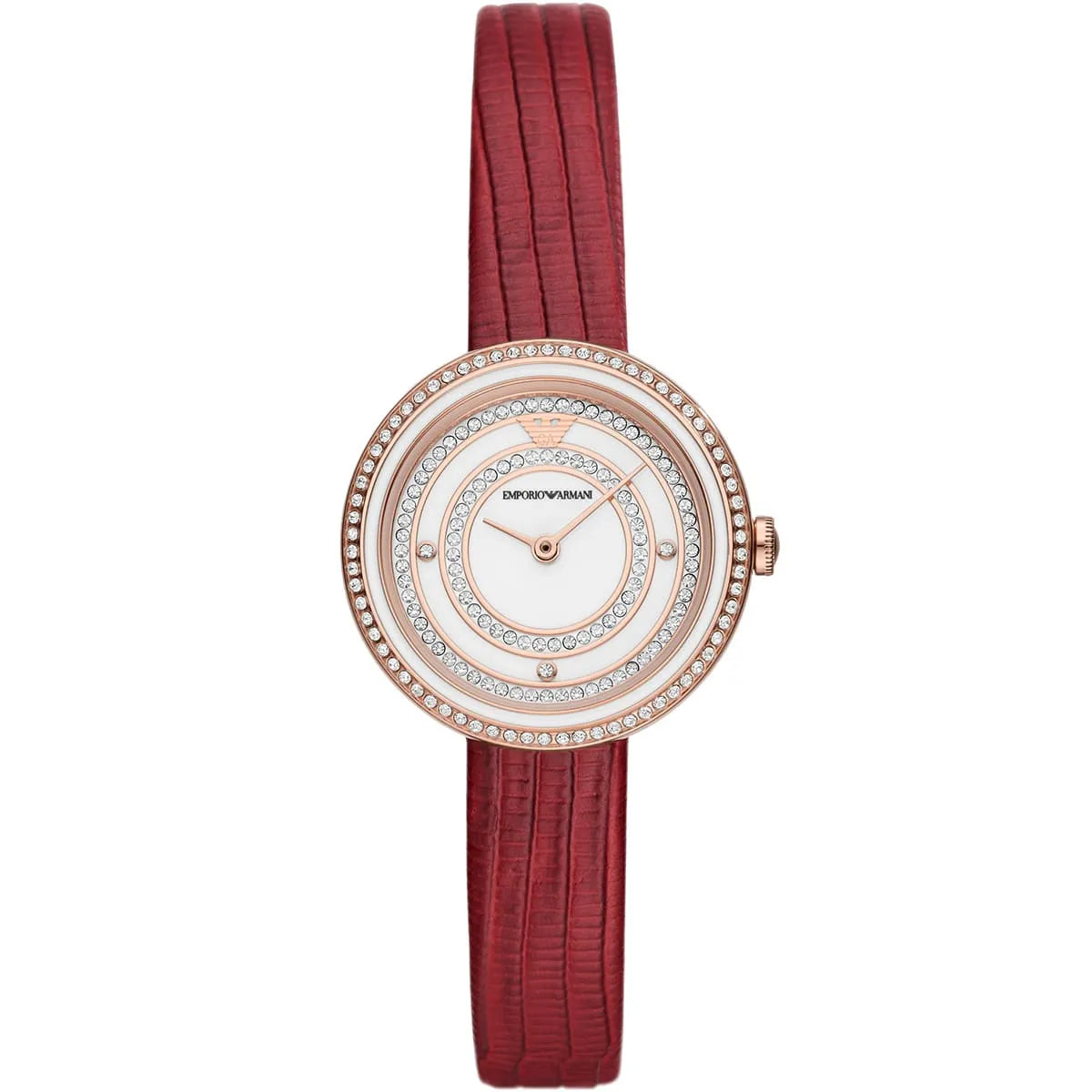 Emporio Armani Rosa watch front view with white dial, crystal-set bezel, rose gold case and red leather strap