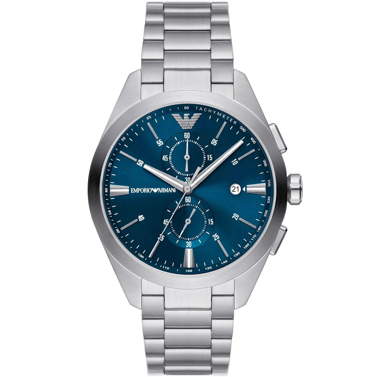 Emporio Armani Claudio chronograph watch with blue dial and silver stainless steel bracelet