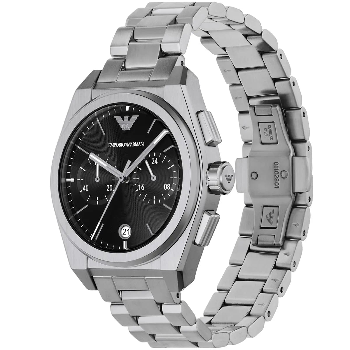 Three-quarter view of Emporio Armani Federico chronograph with black dial and silver metal bracelet