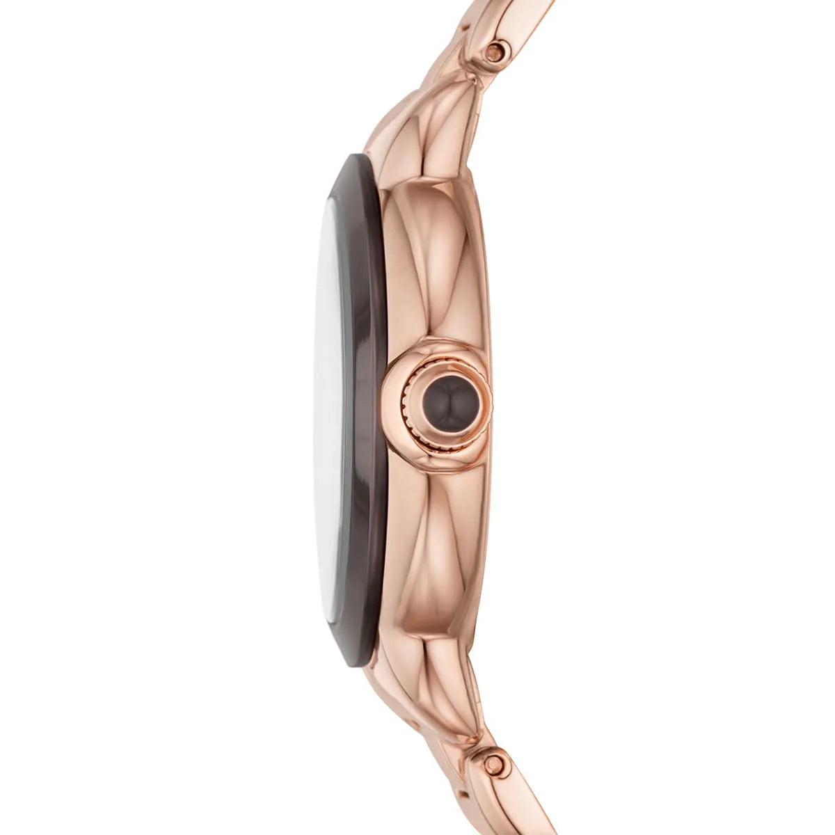 Emporio Armani Mia watch side profile showing rose gold case thickness and crown