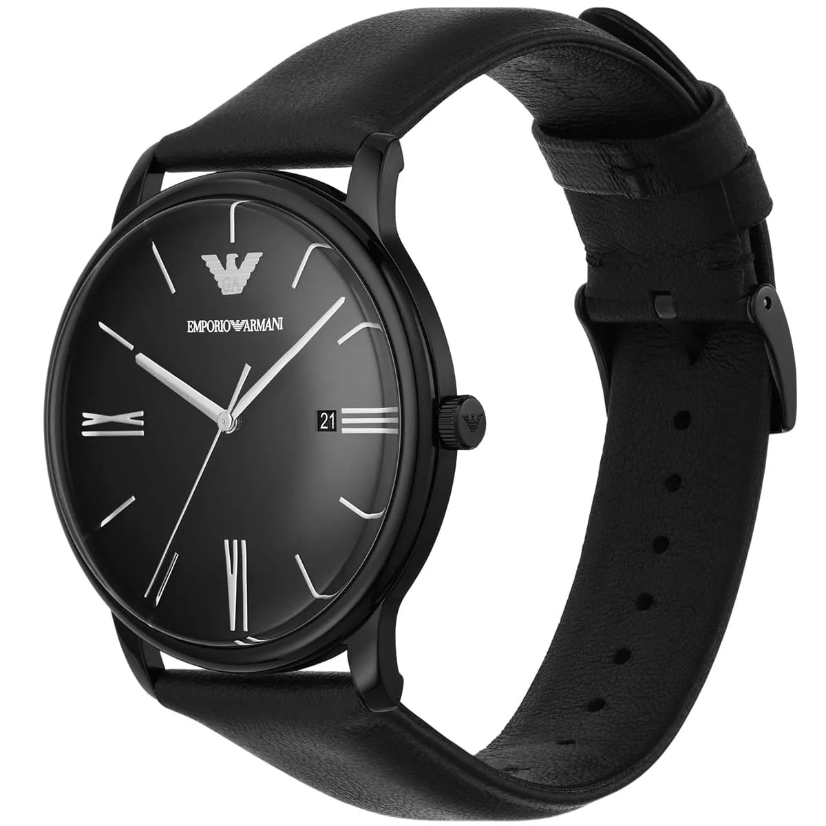 Emporio Armani AR11573 watch angled view showing black leather strap and minimalist dial