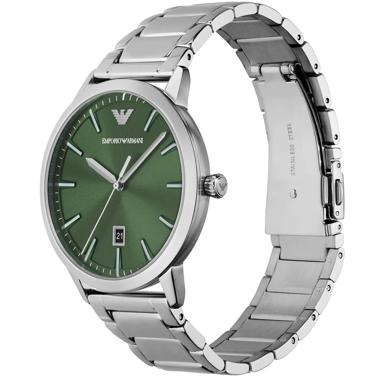 AR11575 three-hand watch with green dial showing date window and stainless steel strap