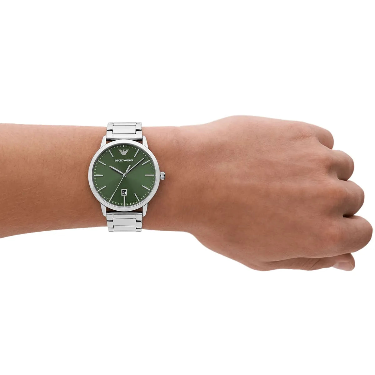 AR11575 Emporio Armani watch worn on wrist, green dial with date window
