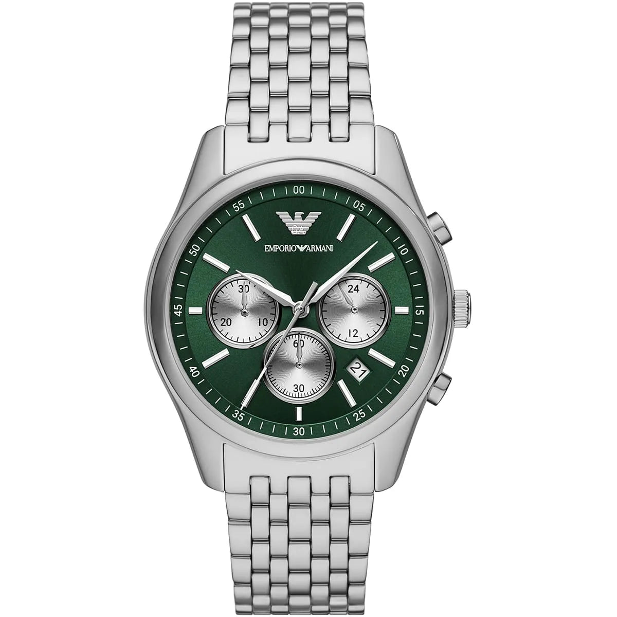 Emporio Armani Antonio chronograph watch with green dial and silver stainless steel bracelet