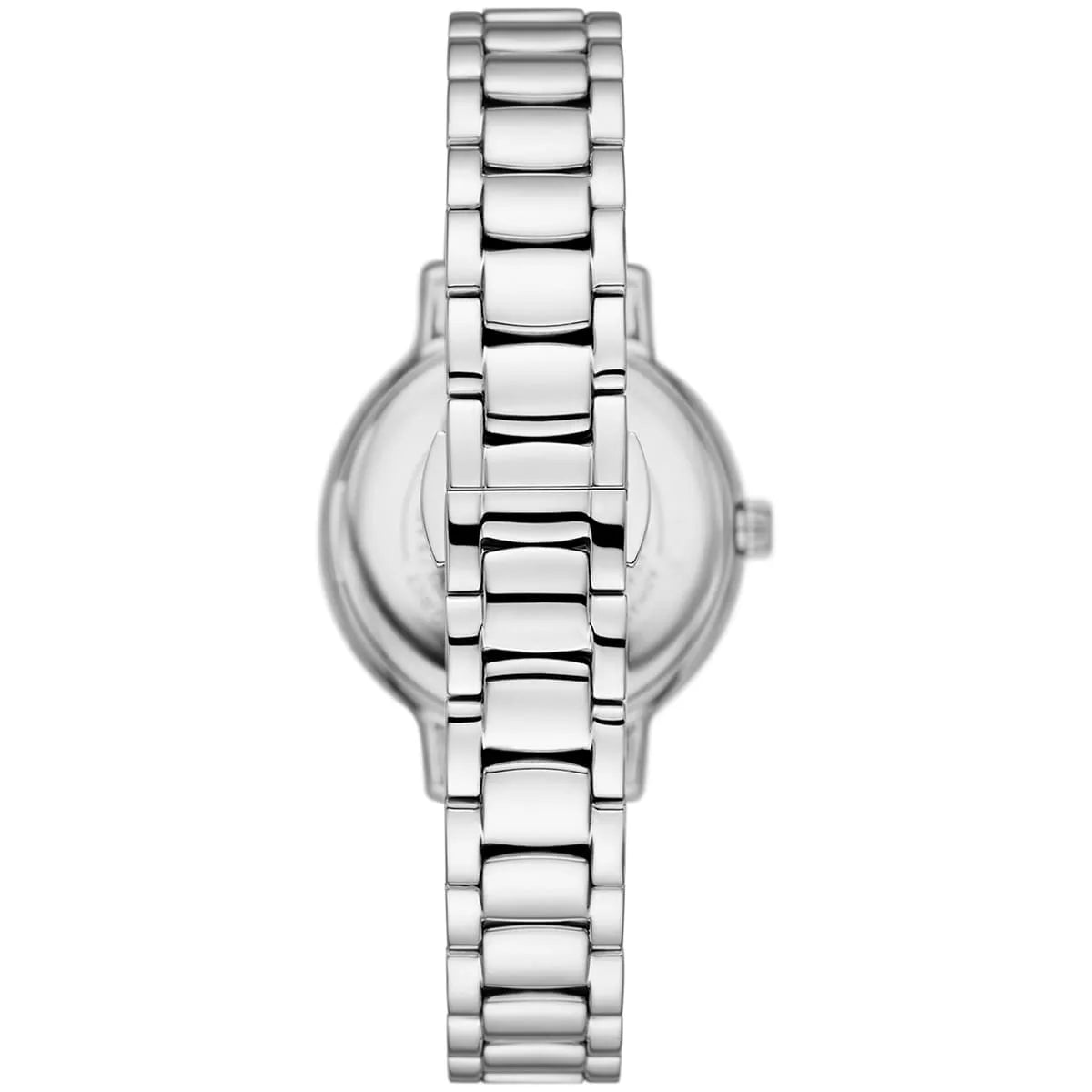 Top-down view of AR11585 showing round case with crystal bezel and stainless steel bracelet