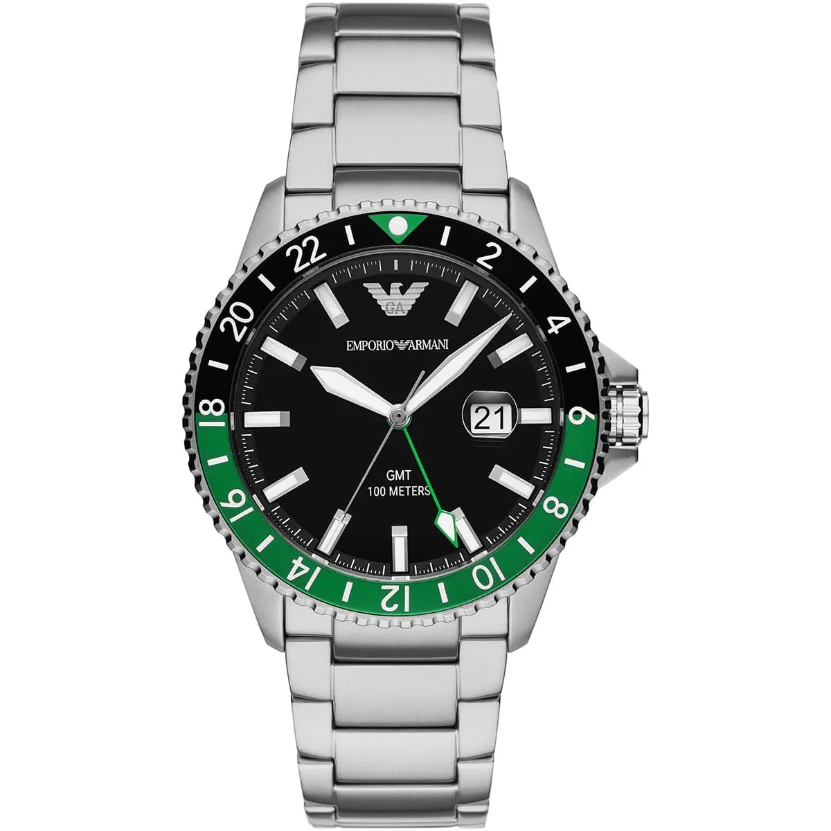 Emporio Armani AR11589 GMT diver watch with black dial and green bezel