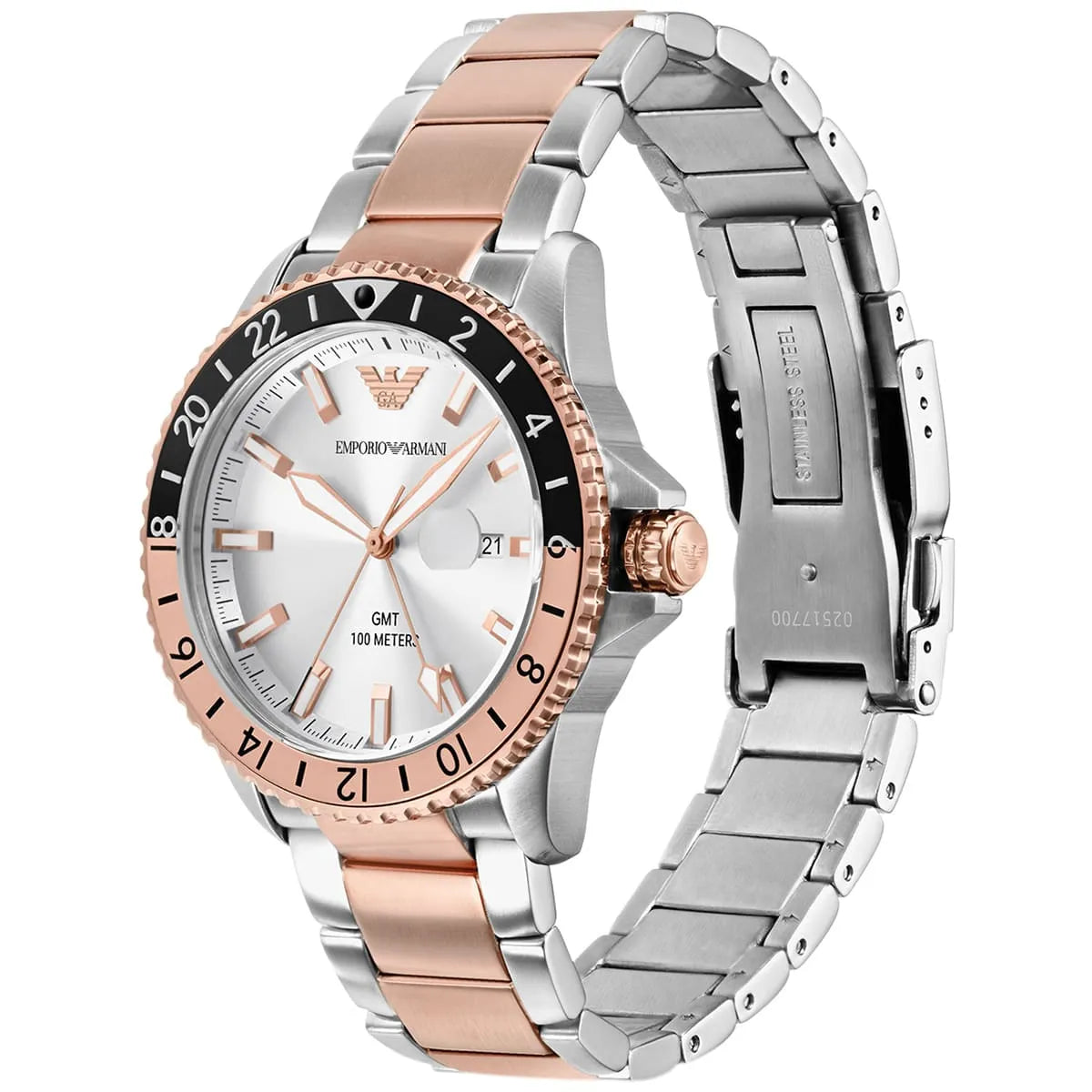 AR11591 Emporio Armani Diver GMT angled view showing two-tone bracelet and black GMT bezel
