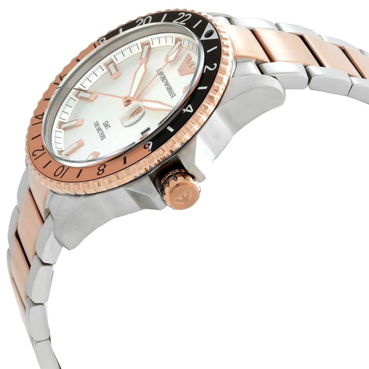 AR11591 Emporio Armani Diver GMT angled view of white dial with rose-gold markers and black bezel