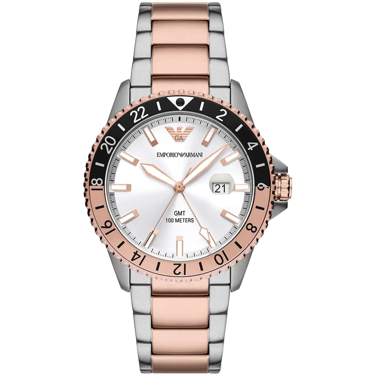 Emporio Armani AR11591 Diver GMT watch with white sunray dial, two-tone silver and rose-gold stainless steel case and bracelet