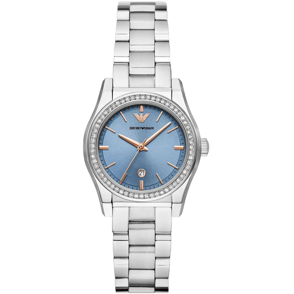 Emporio Armani Federica women's watch with blue dial, crystal bezel, silver stainless steel bracelet
