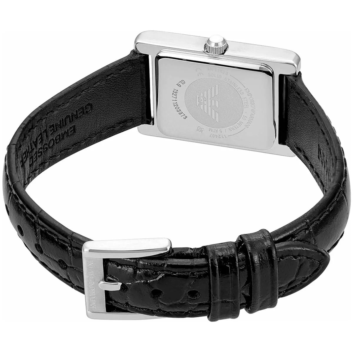 Emporio Armani Genni women's watch black patterned genuine leather strap with silver buckle and Emporio Armani branding