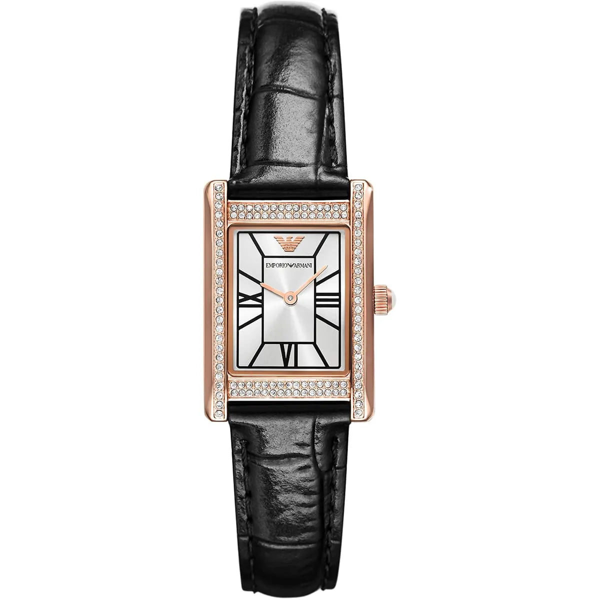 Emporio Armani Genni AR11624 women's watch with rose gold case, crystal bezel, rectangular white dial, Roman numerals, and black leather strap