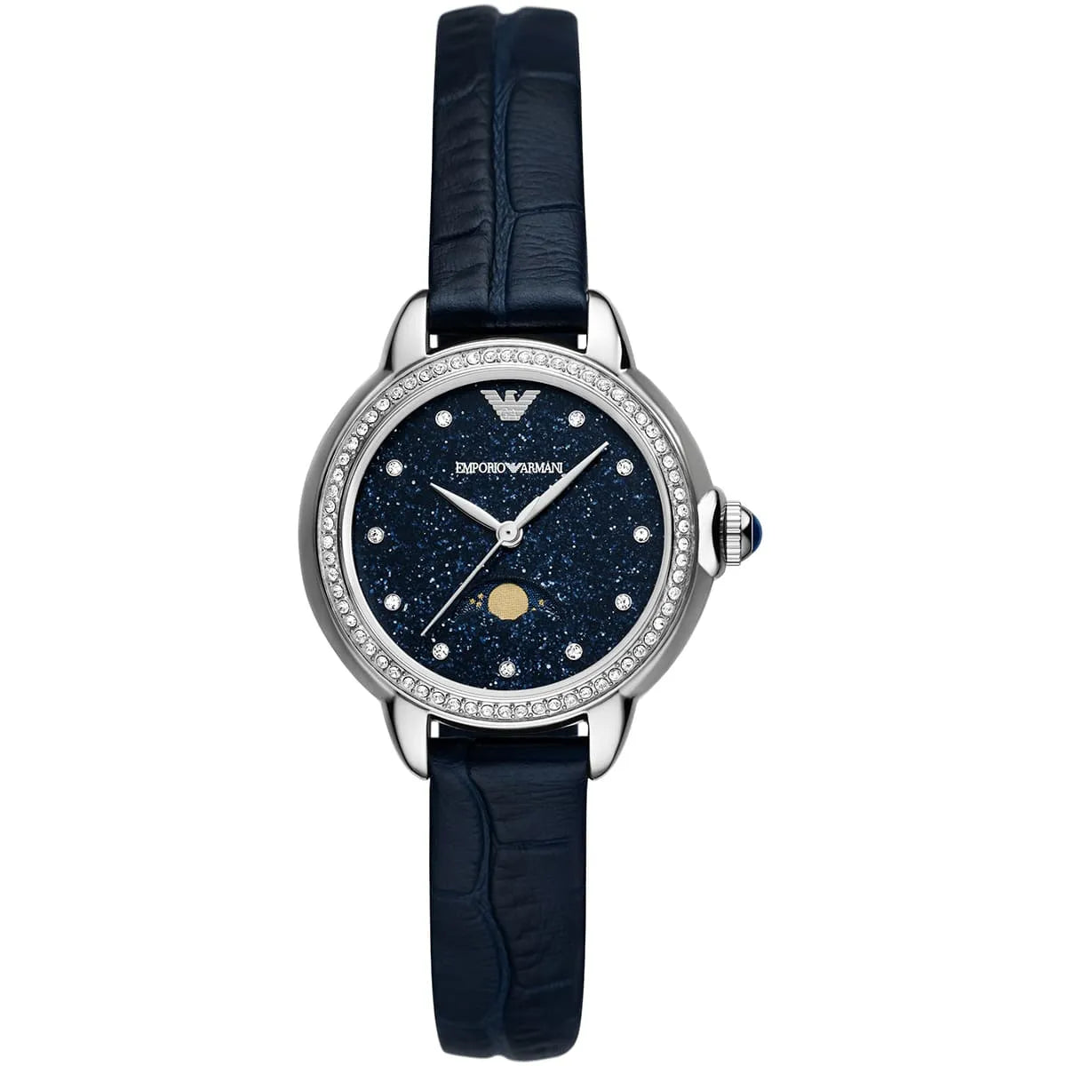 Emporio Armani AR11629 women's watch with moonphase blue dial, crystal bezel, and navy leather strap