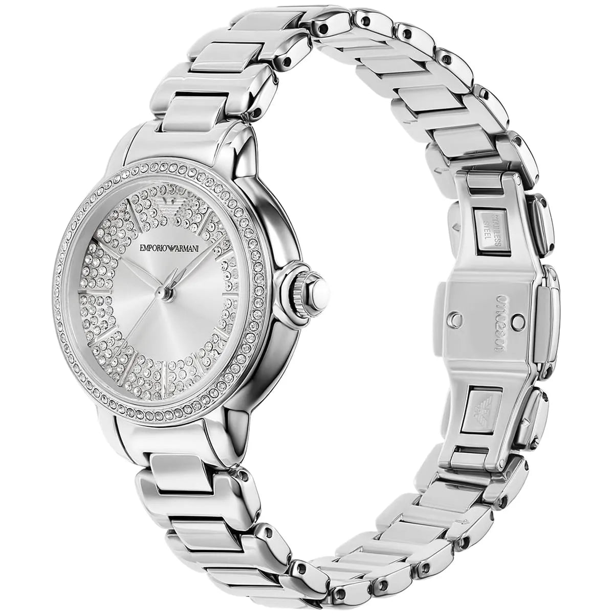 Emporio Armani Mia watch angled view showing crystal dial and metal bracelet