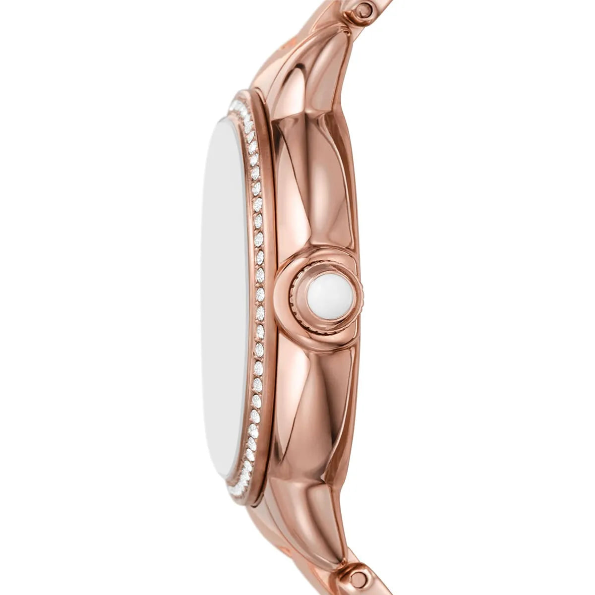 Emporio Armani Mia rose-gold women's watch side profile with crystal-embellished bezel