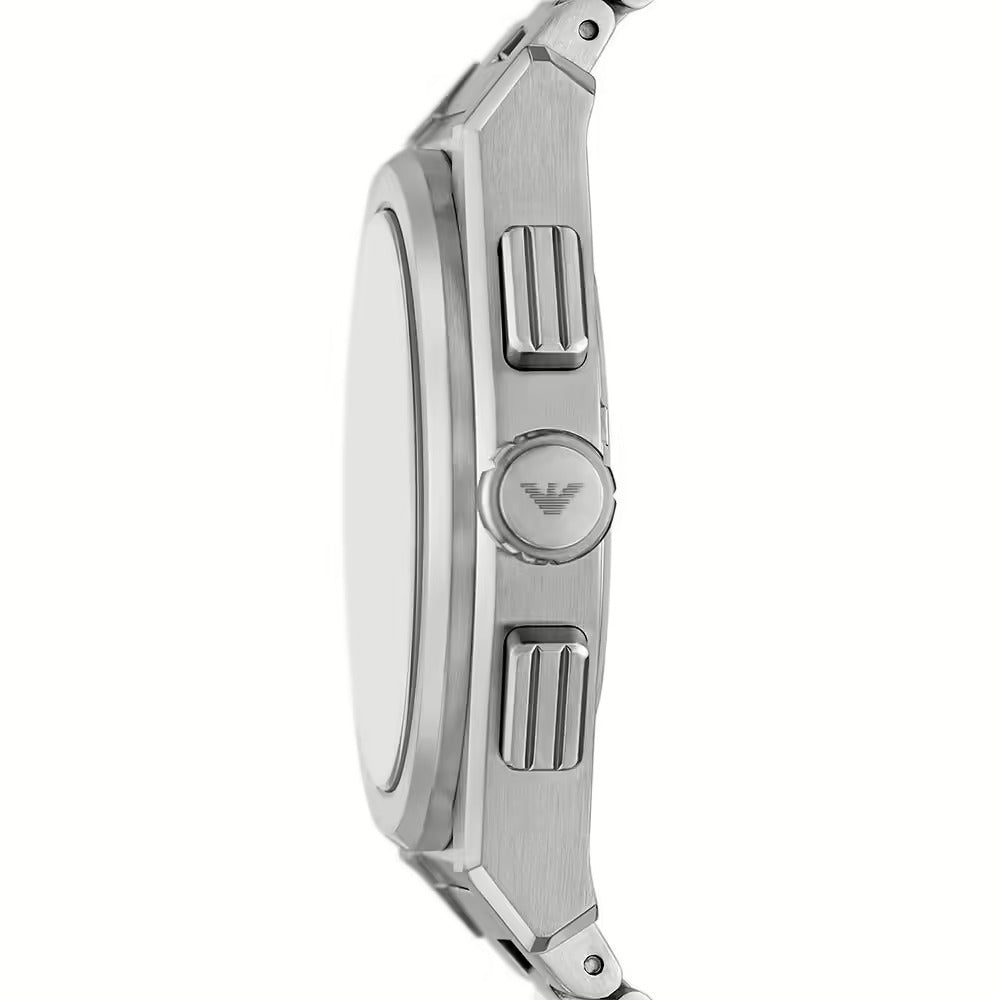 Side profile of Emporio Armani Federico chronograph watch showing case thickness and crown
