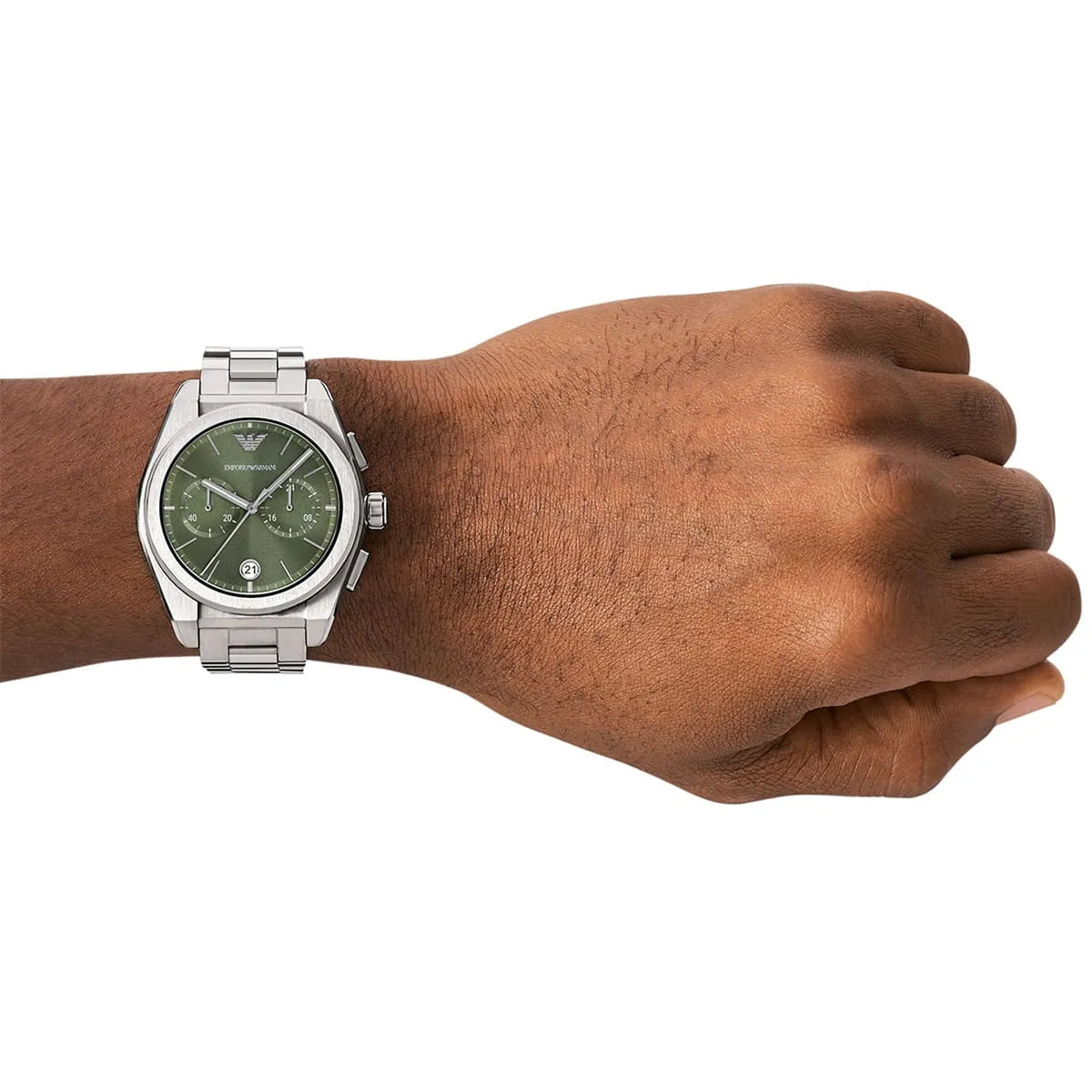 Emporio Armani Federico chronograph green dial watch on wrist