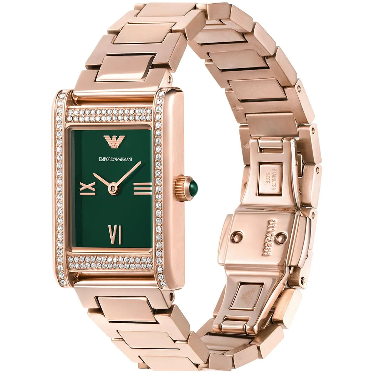 Emporio Armani AR11641 angled view of rose gold watch with crystal-set bezel and metal bracelet