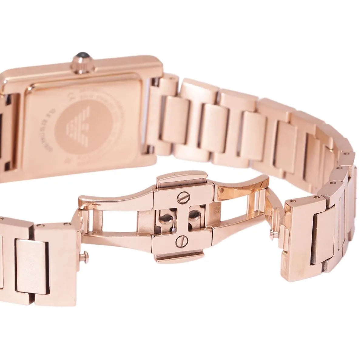 Emporio Armani AR11641 case back view with Armani logo and metal bracelet clasp detail