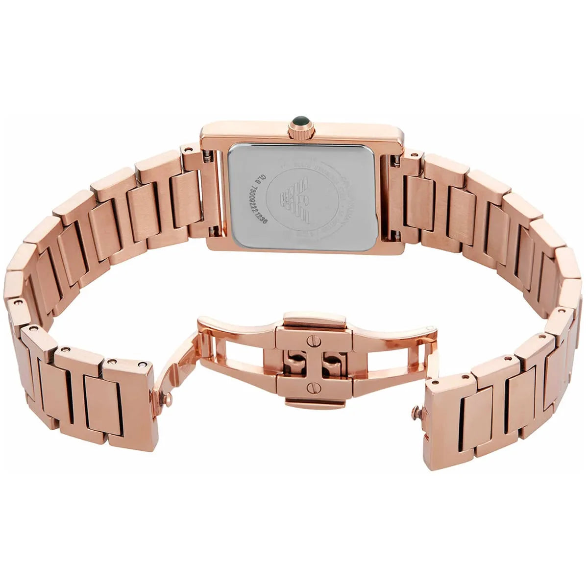 Emporio Armani AR11641 caseback and bracelet detail showing rose gold stainless steel construction