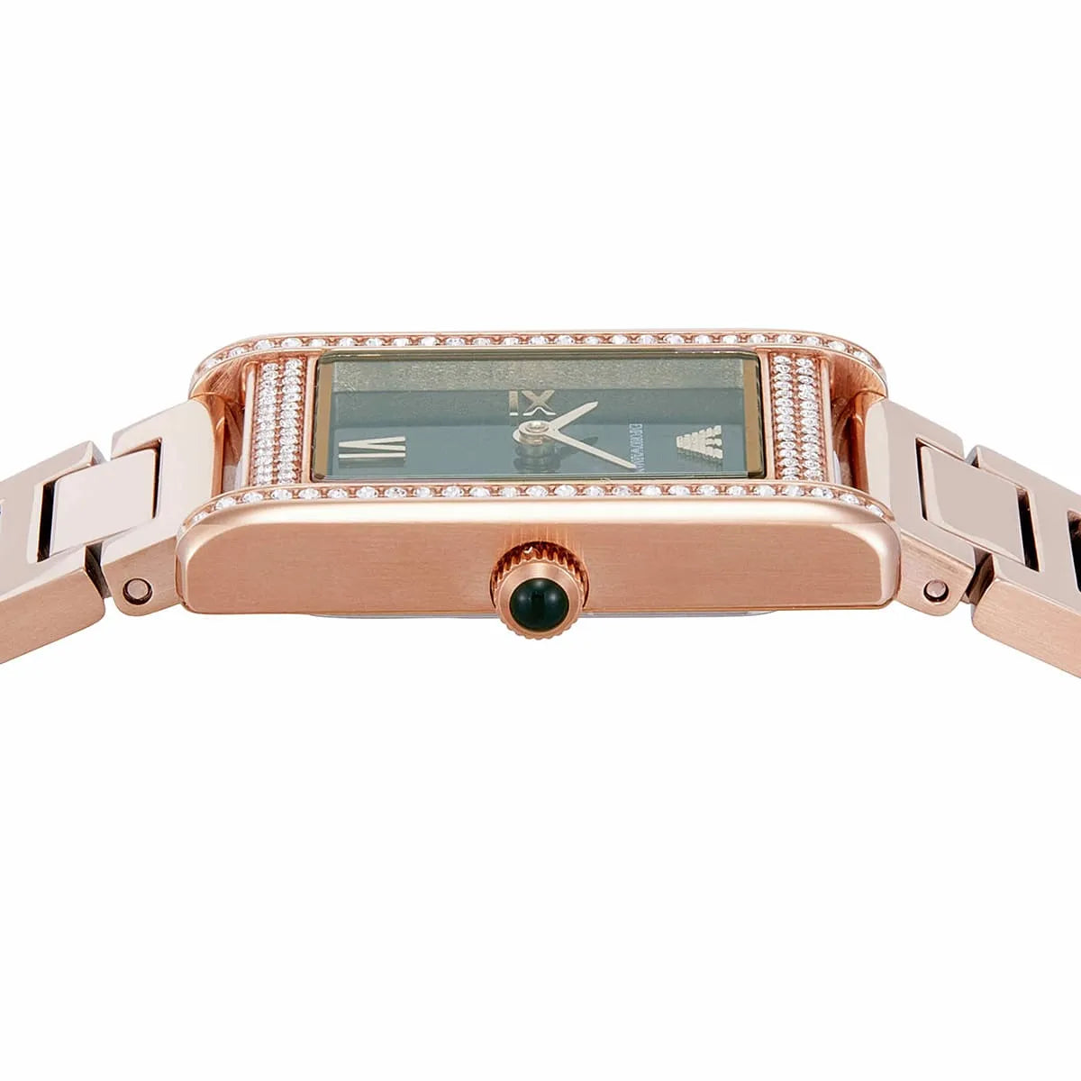 Emporio Armani AR11641 dial detail with green face, Roman numerals, and crystal bezel