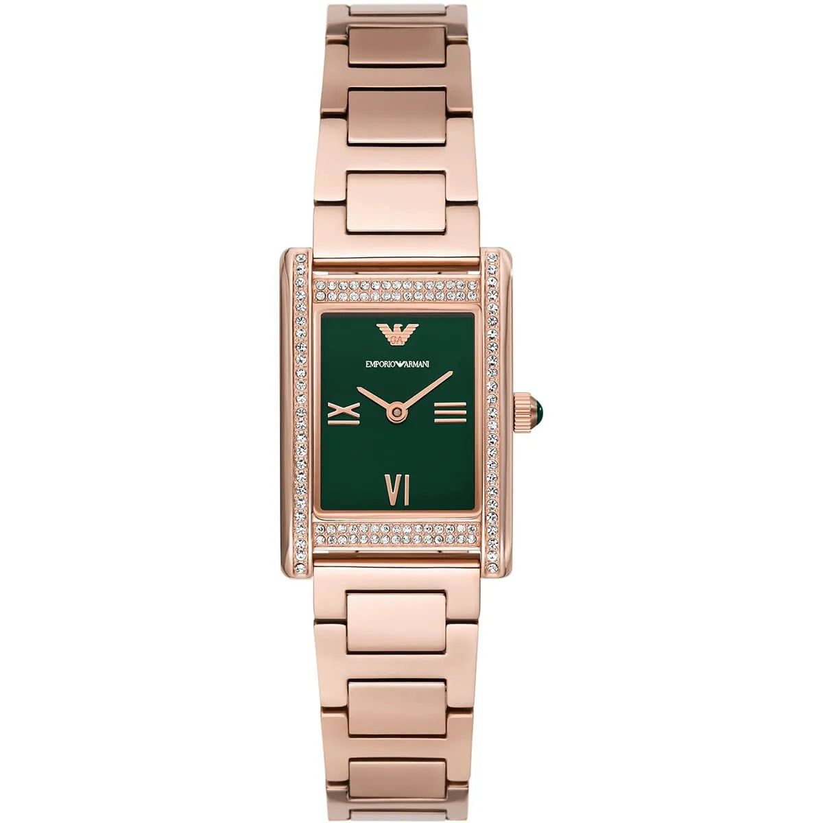 Emporio Armani AR11641 front view showing green square dial with crystals and rose gold case