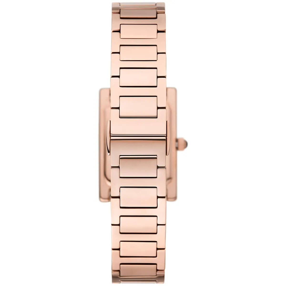 Emporio Armani AR11641 side view showing square case profile and rose gold metal bracelet