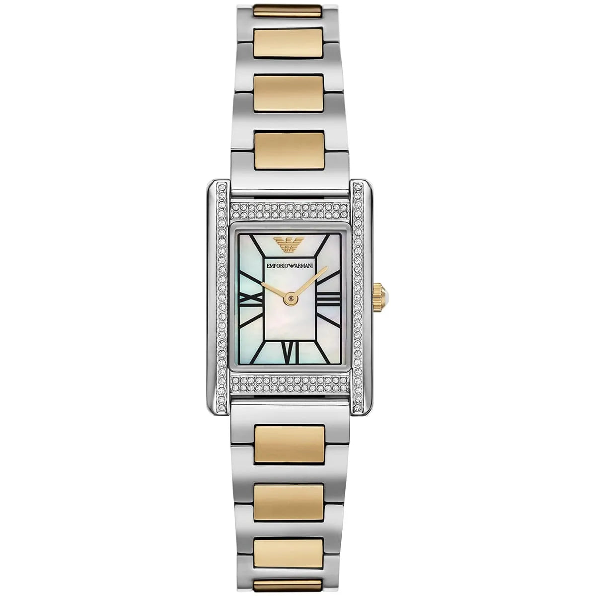 Emporio Armani Genni women's watch with white MOP dial, crystal bezel, and two-tone bracelet