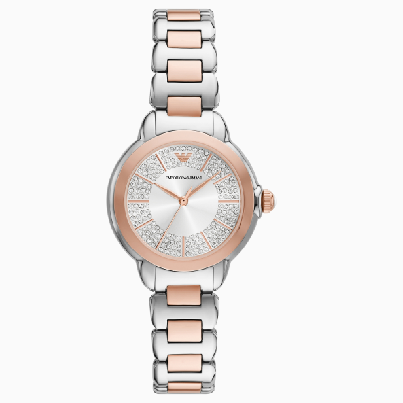 Emporio Armani AR11643 women's watch front view with two-tone metal bracelet and crystal dial