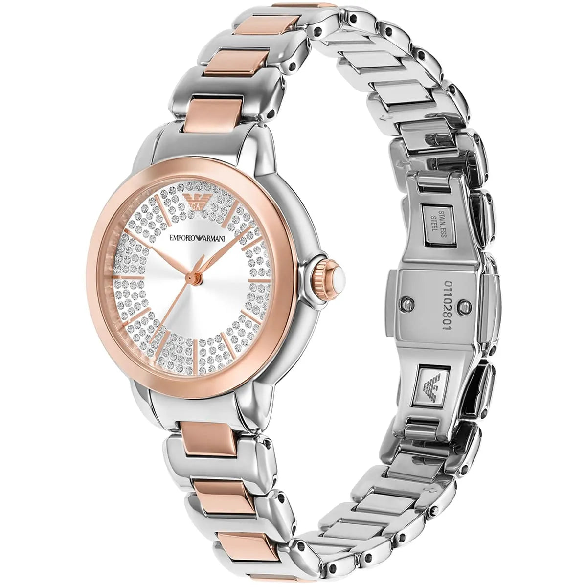 Emporio Armani AR11643 angled view showing two-tone stainless steel and rose gold design