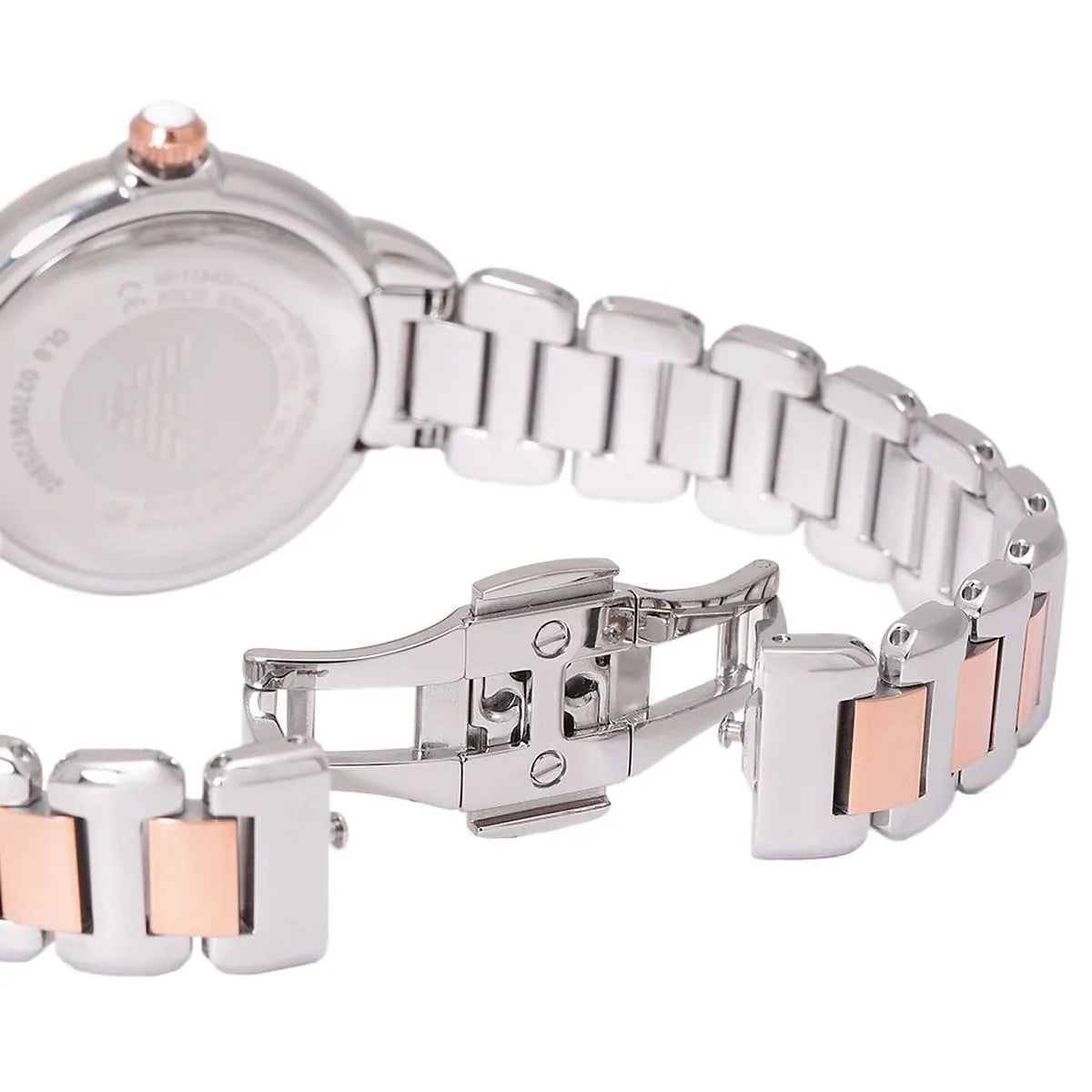 Emporio Armani AR11643 caseback with two-tone bracelet detail and clasp