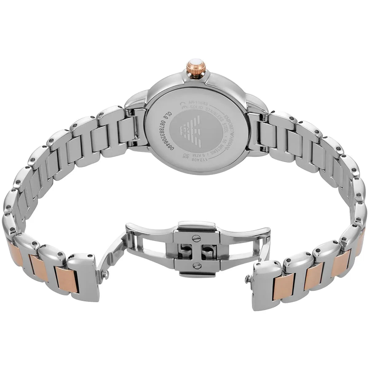 Emporio Armani AR11643 caseback showing quartz movement and Emporio Armani branding