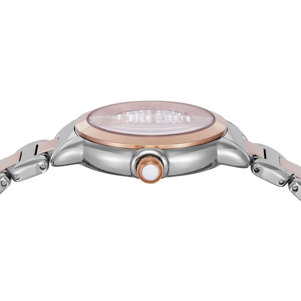 Emporio Armani AR11643 side profile with rose gold and silver case and crown detail