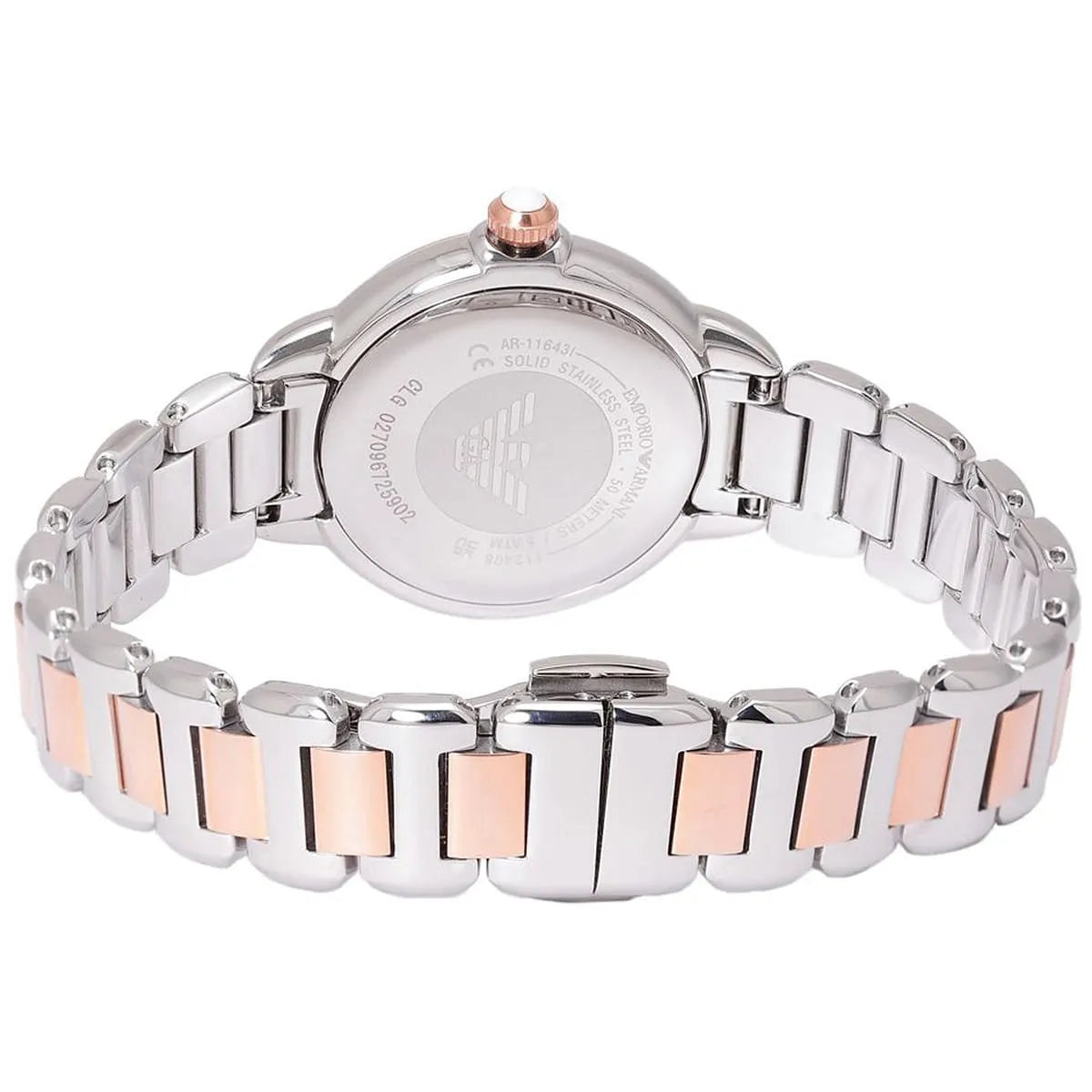 Emporio Armani AR11643 side view showing case profile and two-tone metal bracelet