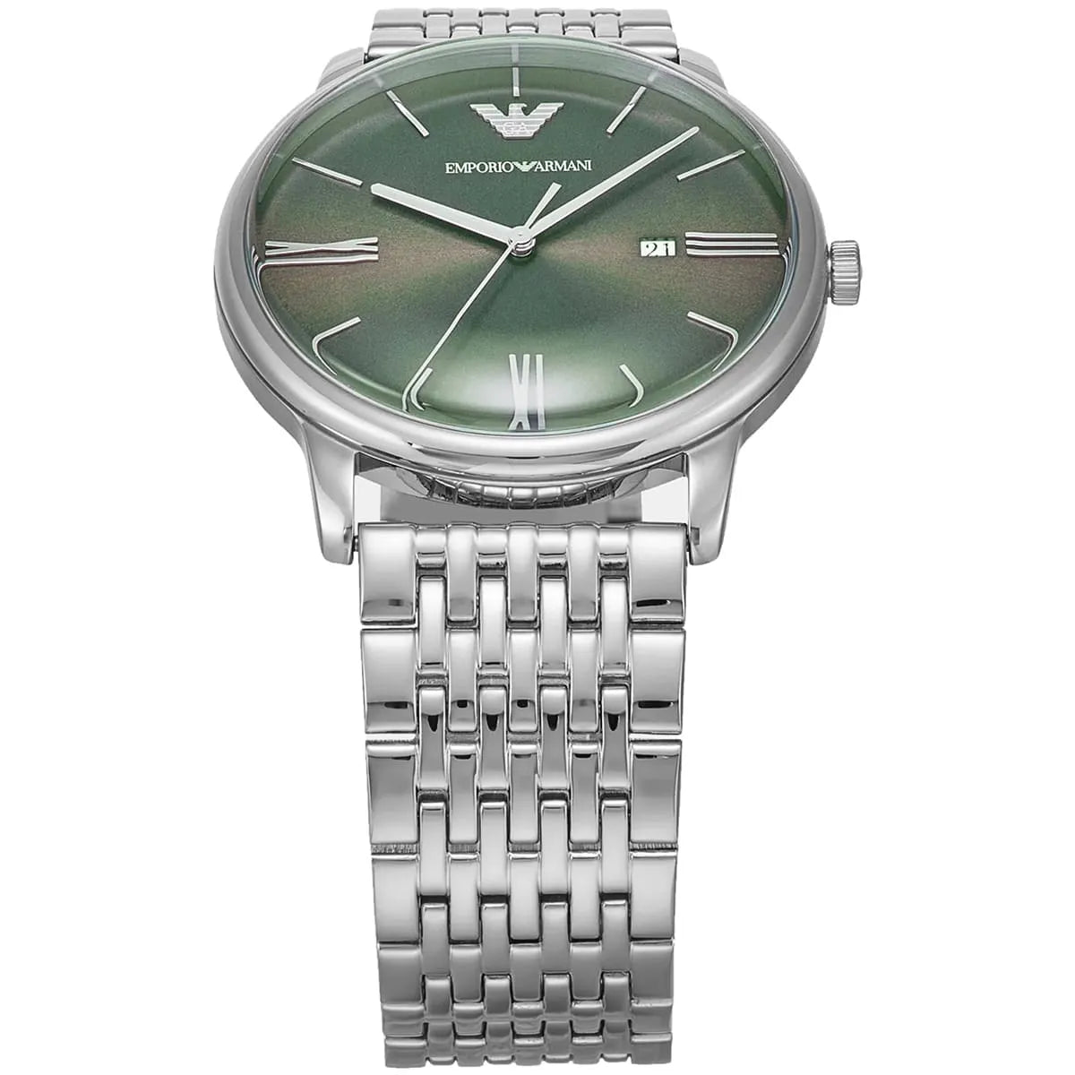 Angle view of green dial watch showing full stainless steel bracelet and case detail with date window