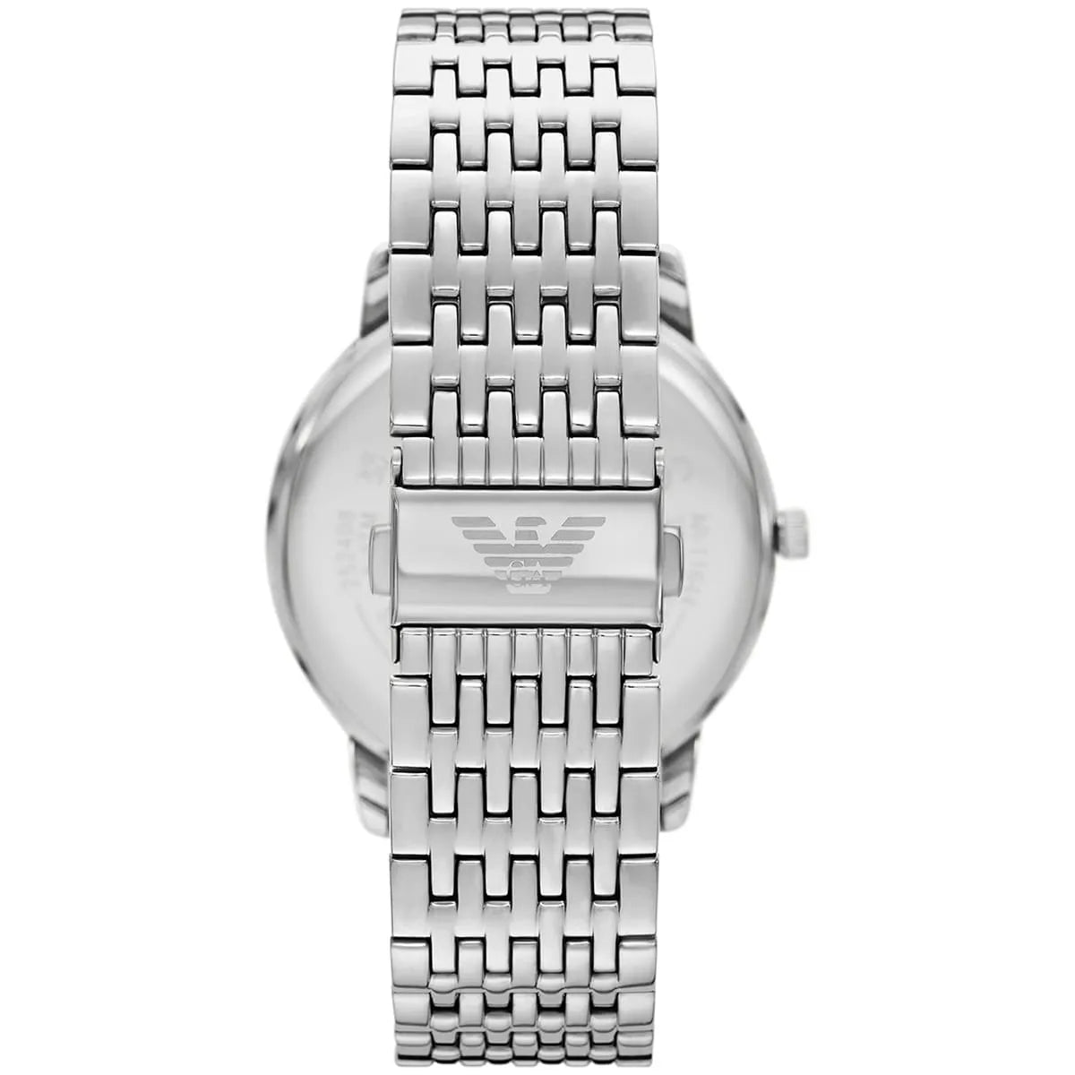 Back view of stainless steel bracelet and caseback showing articulated link construction