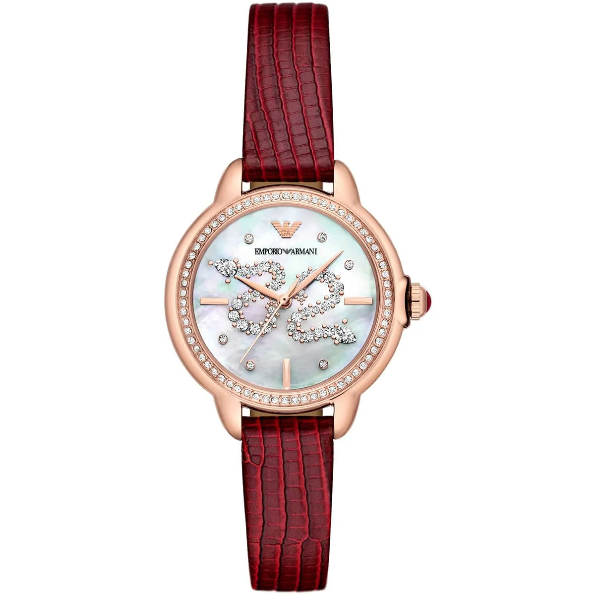 Emporio Armani Mia watch with white dial, snake crystals, rose gold case, diamond bezel, red leather strap