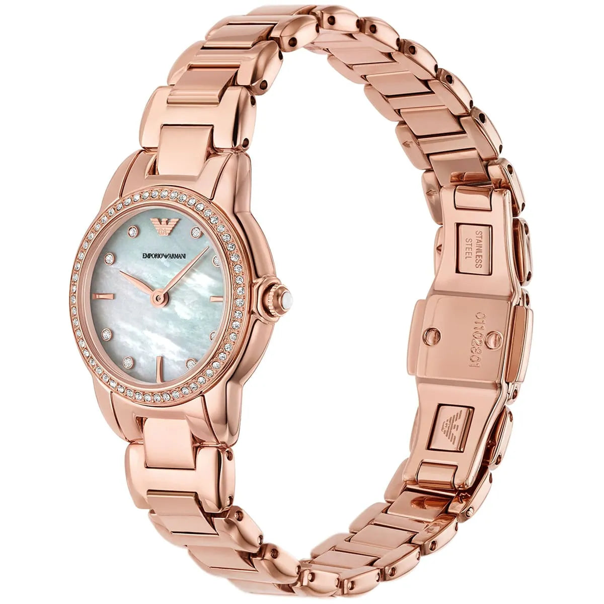 AR11671 Emporio Armani Mia watch side view showing rose gold metal bracelet and mother-of-pearl dial